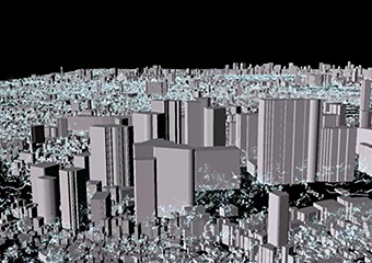 都心部の気流を1 m格子の解像度でシミュレーション。建物のデータも実際のものを使っている