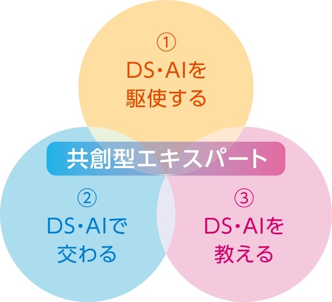 共創型エキスパート（1）DS・AIを駆使する（2）DS・AIで交わる（3）DS・AIを教える